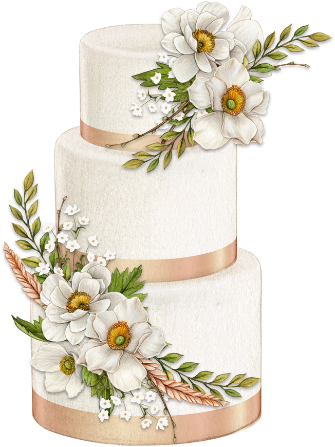 Watercolor wedding cake with floral decorations and ribbons